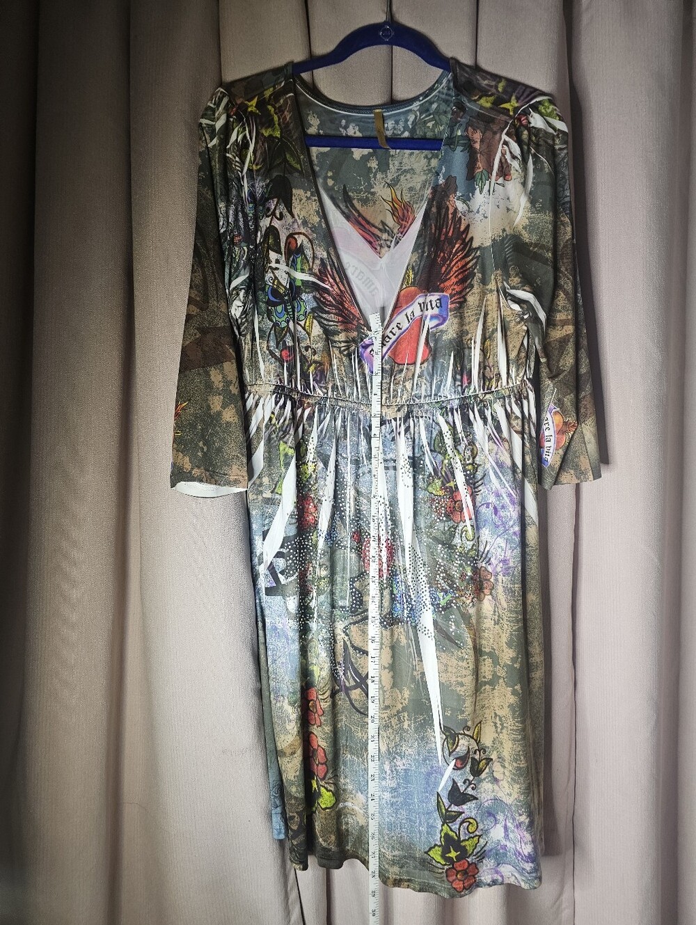 Graphic V-Neck Long Sleeve Mixed Print Dress